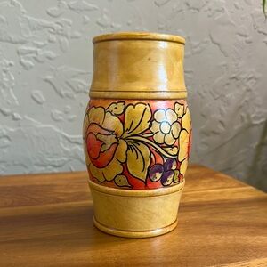Vintage hand painted wooden Russian container floral vase‎ pencil holder